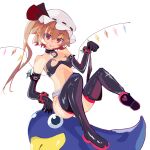  1girl bare_shoulders black_legwear blonde_hair boots bottomless choker cosplay disgaea elbow_gloves etna etna_(cosplay) flandre_scarlet flat_chest full_body gloves hat highres looking_at_viewer makai_senki_disgaea midriff mob_cap navel one_side_up pointy_ears prinny red_eyes simple_background sitting solo standing sum_re1 thigh-highs thigh_boots thighhighs_under_boots touhou white_background wings 