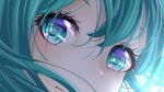  1girl backlighting blue_eyes blue_hair blue_neckwear blue_theme blush_stickers chromatic_aberration close-up closed_eyes closed_mouth collared_shirt commentary detached_sleeves expressionless eye_focus eye_reflection eyelashes face floating_hair grey_shirt hair_between_eyes happy happy_birthday hatsune_miku head_tilt highres laughing light_blush long_eyelashes long_hair looking_at_viewer necktie open_mouth outstretched_arms reflection rhenium shirt solo tareme twintails upper_body vocaloid 