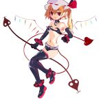  1girl bare_shoulders black_legwear blonde_hair boots choker cosplay disgaea elbow_gloves etna etna_(cosplay) flandre_scarlet flat_chest full_body gloves hat highres laevatein_(touhou) legs_apart looking_at_viewer makai_senki_disgaea midriff mob_cap navel one_side_up pointy_ears red_eyes short_shorts shorts simple_background solo standing sum_re1 thigh-highs thigh_boots thighhighs_under_boots touhou white_background wings 