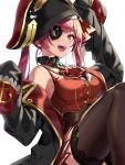 1girl :d arrow_through_heart ascot bare_shoulders black_coat black_headwear breasts brown_legwear brown_leotard coat commentary_request cropped_vest eyepatch feet_out_of_frame hair_ribbon hat highres hololive houshou_marine large_breasts leotard leotard_under_clothes long_hair long_sleeves looking_at_viewer masyu_jyaga miniskirt off_shoulder one_eye_covered open_clothes open_coat open_mouth pirate_hat pleated_skirt purple_hair red_eyes red_neckwear red_ribbon red_skirt red_vest ribbon sitting skirt sleeves_past_fingers sleeves_past_wrists smile solo thigh-highs thighs twintails vest virtual_youtuber 