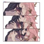  2girls bare_shoulders blush commentary english_commentary french_kiss genshin_impact hand_on_another&#039;s_shoulder highres instagram_logo kaoruchihiro kiss multiple_girls nail_polish parted_lips pink_hair pink_nails purple_nails twitter_logo twitter_username yuri 