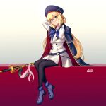  1girl 2dswirl artoria_pendragon_(caster)_(fate) artoria_pendragon_(fate) blonde_hair blue_cape cape dress fate/grand_order fate_(series) hat pantyhose sitting smile solo white_dress 