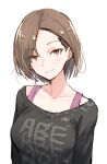  1girl asymmetrical_bangs bangs black_shirt blush breasts brown_hair collarbone ear_piercing eyebrows_visible_through_hair highres idolmaster idolmaster_cinderella_girls light_smile looking_at_viewer medium_breasts mizuki_seira piercing print_shirt shirt short_hair simple_background sketch solo unu_(unucence) upper_body white_background 