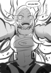  1girl animal_ears blurry boku_no_hero_academia breasts commentary_request depth_of_field english_text greyscale highres leotard looking_at_viewer mirko monochrome nstime23 pov rabbit_ears solo speech_bubble 