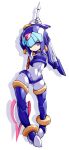  1girl android blue_eyes blue_hair bodysuit boots breasts closed_mouth gloves helmet holding holding_weapon karukan_(monjya) leviathan_(mega_man) looking_at_viewer mega_man_(series) mega_man_zero polearm simple_background smile solo spear thigh-highs thigh_boots weapon white_background 