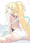 1girl ass bare_thighs barefoot blonde_hair blue_eyes competition_swimsuit eyebrows eyebrows_visible_through_hair fate/grand_order fate_(series) feet_out_of_frame from_behind hair hair_between_eyes highres jeanne_d&#039;arc_(fate)_(all) jeanne_d&#039;arc_(swimsuit_archer)_(fate) kneeling long_hair looking_at_viewer looking_back miko_(royal_milk) mouth_hold one-piece_swimsuit ponytail sitting solo swimsuit thighs wariza whistle white_swimsuit
