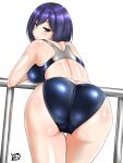  1girl ass bent_over blue_hair blue_swimsuit blush breasts competition_school_swimsuit competition_swimsuit from_behind highres looking_at_viewer looking_back nijisanji one-piece_swimsuit school_swimsuit shiny shiny_hair shiny_skin shizuka_rin short_hair simple_background smile solo standing swimsuit virtual_youtuber white_background yellow_eyes yurinozuku1112 