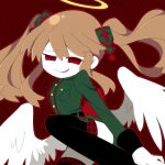  1girl angel_wings black_legwear breasts brown_hair buttons colored_skin darklephise funamusea green_shirt green_skirt hair_between_eyes halo long_hair long_sleeves looking_at_viewer medium_breasts on_floor pocket red_background red_eyes rigatona shirt simple_background sitting skirt smile solo thigh-highs twintails white_skin wings 