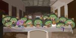  6+girls :s blue_shirt blush_stickers fine_art_parody green_eyes green_hair hat komeiji_koishi komeiji_satori multiple_girls numenoko open_mouth parody pink_eyes pink_hair shirt siblings sisters table tan_tan_pou the_last_supper touhou yellow_shirt 