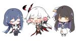  3girls :d alternate_costume bangs black_footwear black_hair boots bowl braid brown_hair candy character_request chibi chon_(klliaytong) chopsticks closed_eyes closed_mouth cup food fruit fu_hua fu_hua_(herrscher_of_sentience) fu_hua_(valkyrie_accipter) full_body hair_between_eyes hair_ornament holding holding_bowl holding_chopsticks holding_cup holding_food honkai_(series) honkai_impact_3rd invisible_chair lollipop long_hair multiple_girls noodles open_mouth peach ponytail ramen simple_background sitting smile white_background white_hair yellow_eyes 