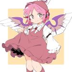  1girl animal_ears brown_dress brown_headwear closed_mouth commentary_request dress feathered_wings feet_out_of_frame grey_eyes ini_(inunabe00) kneehighs long_sleeves looking_at_viewer mystia_lorelei pink_hair shirt short_hair simple_background skirt_hold smile solo touhou white_shirt winged_hat wings yellow_background 