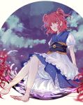  1girl apron bangs barefoot belt black_belt blue_dress clouds cloudy_sky dress eyebrows_visible_through_hair flower hair_between_eyes hair_bobbles hair_ornament highres lake light looking_down night night_sky onozuka_komachi open_mouth puffy_short_sleeves puffy_sleeves purple_sky red_eyes red_flower redhead shadow short_hair short_sleeves short_twintails shorts sitting sky smile solo touhou twintails uranaishi_(miraura) water white_apron white_background white_shorts white_sleeves 