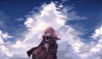  1girl ar-15 blue_sky breasts closed_mouth clouds cloudy_sky dress eyebrows_visible_through_hair girls_frontline gloves gun hair_ornament hairclip holding holding_weapon jacket long_hair looking_away mod3_(girls&#039;_frontline) parang pink_hair purple_jacket red_gloves rifle sky small_breasts solo st_ar-15_(girls&#039;_frontline) violet_eyes weapon 