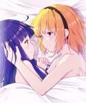  2girls absurdres blonde_hair eye_contact furude_rika hairband hand_in_another&#039;s_hair hazumi_otoya highres higurashi_no_naku_koro_ni houjou_satoko long_hair looking_at_another lying multiple_girls nude on_bed profile purple_hair short_hair smile under_covers yuri 