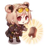  1girl absurdres blush_stickers boned_meat chibi commission crr001 double_bun food girls_frontline giving highres light_brown_hair meat p90_(girls&#039;_frontline) red_eyes second-party_source short_eyebrows short_hair smile solo thick_eyebrows 