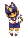  1girl :&lt; animal_crossing animal_ears ankha_(animal_crossing) arms_behind_back bangs black-framed_eyewear black_hair blonde_hair blue_sailor_collar blue_skirt breasts brown_footwear cat_ears cat_tail collarbone fukurou_(owl222) furry furry_female glasses holding kneehighs large_breasts loafers looking_at_viewer pleated_skirt red_neckwear sailor_collar school_uniform semi-rimless_eyewear serafuku shirt shoes short_hair short_sleeves skirt solo tail white_legwear white_shirt 