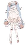  1girl arms_at_sides bandaid bandaid_on_knee bloomers blue_hair bow cherry_print closed_mouth expressionless eyebrows_visible_through_hair flat_chest food_print frilled_hairband frills full_body hair_between_eyes hairband hatsune_miku legs_apart lolita_fashion long_hair long_sleeves loose_socks multicolored_hair muted_color neck_ribbon no_nose no_pupils oversized_clothes pale_skin pastel_colors platform_footwear puffy_long_sleeves puffy_sleeves purple_hair ribbon sad shoes shoulder_ribbon simple_background socks solo standing straight_hair streaked_hair stuffed_animal stuffed_toy sweet_lolita tearing_up teddy_bear teddy_bear_hair_ornament thick_eyebrows twintails u_emper underwear very_long_hair vocaloid waist_bow white_background white_bloomers white_bow white_footwear white_hairband white_legwear white_ribbon 