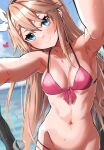  1girl armpits bikini blue_sky braid breasts closed_mouth clouds commentary_request copyright_request day eyebrows_visible_through_hair hair_between_eyes heart highres long_hair medium_breasts navel ocean outdoors pink_bikini sky smile solo swimsuit takanashi_kei_(hitsujikan) 