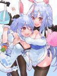  2girls animal_ear_fluff animal_ears apron blue_hair braid breasts bunny-shaped_pupils carrot carrot_hair_ornament food-themed_hair_ornament fur-trimmed_gloves fur_scarf fur_trim gloves hair_ornament highres hololive mature_female mother_and_daughter multicolored_hair multiple_girls pekomama rabbit_ears rabbit_girl red_eyes short_eyebrows strapless_coat thick_eyebrows twin_braids two-tone_hair usada_pekora virtual_youtuber waterring white_hair 