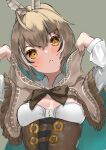  1girl ahoge arms_up blush breasts brown_background brown_cape brown_eyes brown_hair cape closed_mouth corset feather_hair_ornament feathers fringe_trim hair_ornament hairclip head_tilt hololive hololive_english long_hair long_sleeves looking_at_viewer nanashi_mumei ponytail simple_background small_breasts solo takeno_omoti underbust upper_body v-shaped_eyebrows virtual_youtuber 