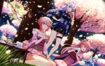  4girls :d aircell bangs bare_shoulders black_kimono blue_eyes blue_kimono braid braided_ponytail cherry_blossoms cup dango flip-flops flower food full_moon hair_between_eyes hair_flower hair_ornament hand_on_hip highres holding holding_cup holding_food honkai_(series) honkai_impact_3rd japanese_clothes kallen_kaslana kimono long_hair moon multiple_girls night night_sky onigiri open_mouth outdoors outstretched_arm petals pink_flower pink_hair pink_kimono plate sandals sitting sky smile standing table theresa_apocalypse toes tree violet_eyes wagashi water waving white_hair yae_rin yae_sakura 