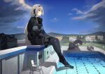  1girl an-94_(girls&#039;_frontline) aqua_eyes bag blue_sky blush bodysuit closed_mouth clouds eyebrows_visible_through_hair eyewear_removed giant giantess girls_frontline hairband hanabusaraleigh headphones house knife_holster long_hair looking_away platinum_blonde_hair pool sky solo 