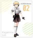  1boy bangs black_footwear black_gloves black_shorts blonde_hair character_name closed_mouth collared_shirt diagonal_stripes dress_shirt full_body gloves green_eyes hair_between_eyes half_gloves hand_on_hip highres kagamine_len kneehighs loafers male_focus saihate_(d3) shirt shoes short_shorts short_sleeves shorts smile solo standing star_(symbol) striped striped_background suspender_shorts suspenders vocaloid white_background white_legwear white_shirt 