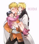  1girl 2boys ahoge arm_around_neck bandaged_hand bandages black_hair black_jacket black_pants blonde_hair blue_eyes boruto:_naruto_next_generations brother_and_sister clenched_teeth closed_eyes coat collared_jacket english_text eyebrows_visible_through_hair facial_mark father_and_daughter father_and_son grin hand_on_another&#039;s_arm happy high_collar holding hood hood_down hoodie hug hug_from_behind jacket layered_skirt light_blush looking_at_another looking_down messy_hair multiple_boys naruto_(series) open_clothes open_coat orange_jacket pants pink_footwear pink_hoodie shoes short_hair siblings simple_background skirt smile spiky_hair teeth toeless_footwear tsurime upper_teeth uzumaki_boruto uzumaki_himawari uzumaki_naruto v-shaped_eyebrows very_short_hair warable white_background white_coat white_skirt 