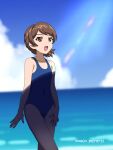  1girl :d artist_name bangs blue_sky blue_swimsuit blurry blurry_background brown_eyes brown_hair clouds cloudy_sky dated day girls_und_panzer hand_on_own_thigh highres horizon kawanishi_shinobu looking_to_the_side naotosi ocean one-piece_swimsuit open_mouth outdoors school_swimsuit shade shadow short_hair short_ponytail sky smile solo standing swept_bangs swimsuit water 