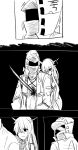 1boy 1girl arknights backstab blood blood_on_clothes doctor_(arknights) empty_eyes greyscale holding holding_sword holding_weapon horns manhwa monochrome omo_(h98013114) pointy_ears shining_(arknights) sword weapon yandere 