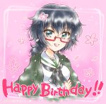  1girl artist_name bangs black_eyes black_hair black_neckwear blouse commentary dated english_text eyebrows_visible_through_hair girls_und_panzer glasses haori happy_birthday japanese_clothes kuromori_yako long_sleeves looking_at_viewer medium_hair messy_hair neckerchief ooarai_school_uniform open_mouth oryou_(girls_und_panzer) petals red-framed_eyewear sailor_collar school_uniform semi-rimless_eyewear serafuku short_ponytail smile solo under-rim_eyewear upper_body white_blouse white_sailor_collar 