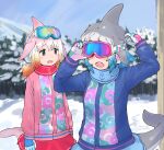 2girls blowhole blue_hair blue_jacket blue_neckwear blue_skirt blush chinese_white_dolphin_(kemono_friends) common_bottlenose_dolphin_(kemono_friends) dorsal_fin earmuffs gloves goggles goggles_on_head grey_hair highres jacket kemono_friends kemono_friends_3 long_sleeves matching_outfit multicolored_hair multiple_girls official_alternate_costume orange_hair pink_hair pink_jacket pleated_skirt red_neckwear red_skirt rumenia_(ao2is) scarf short_twintails skirt tail twintails white_hair winter_clothes
