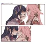 2girls bare_shoulders blush closed_mouth commentary english_commentary eye_contact eyebrows_visible_through_hair genshin_impact heart highres instagram_logo kaoruchihiro looking_at_another mole mole_under_eye multiple_girls nail_polish parted_lips pink_hair pink_nails purple_hair purple_nails tongue tongue_out twitter_logo twitter_username violet_eyes yae_(genshin_impact) yuri 