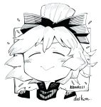  1girl :&gt; artist_name bangs black_shirt bow closed_eyes commentary_request cropped_torso daitai_konna_kanji dress facing_viewer greyscale hair_bow kurodani_yamame monochrome shirt short_hair smile solo touhou upper_body 