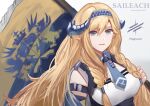  1girl arknights artist_name bangs bare_shoulders blonde_hair blue_eyes blue_hairband blue_neckwear blue_sealad braid breasts character_name commentary eyebrows_visible_through_hair flag grey_background hair_between_eyes hairband highres horns kingdom_of_victora_logo large_breasts long_hair looking_at_viewer necktie parted_lips pointy_ears saileach_(arknights) smile solo twin_braids upper_body very_long_hair 