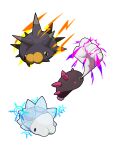  absurdres black_eyes clenched_hand commentary_request energy highres no_humans pincurchin pokemon pokemon_(creature) punching pyukumuku sekiro_(skrn_14) shiny simple_background snom snowflakes solo spikes violet_eyes white_background 