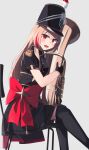  1girl absurdres black_gloves black_legwear blonde_hair blush bow dress_bow eyebrows_visible_through_hair girls_frontline gloves highres hinami047 holding holding_instrument instrument long_hair looking_at_viewer m4_sopmod_ii_(girls&#039;_frontline) marching_band multicolored_hair open_mouth red_bow red_eyes sitting smile solo thigh-highs trumpet uniform white_background 