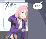 1girl ahoge alph_(sancheck) arknights black_choker blue_eyes blue_poison_(arknights) cake choker constricted_pupils food jacket open_mouth pink_hair purple_jacket shirt solo thigh-highs white_shirt zzz 