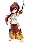  1girl bare_shoulders barefoot breasts brown_eyes chibi commentary_request erza_scarlet eyes_visible_through_hair fairy_tail full_body hair_between_eyes hand_on_hip holding holding_sword holding_weapon katana large_breasts long_hair looking_at_viewer mashima_hiro midriff navel ponytail redhead sarashi simple_background sleeveless smile solo standing sword weapon white_background 