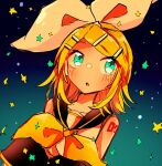  1girl aqua_eyes ascot bangs bare_shoulders blonde_hair bow detached_sleeves hair_bow hair_ornament hairclip headphones headset kagamine_rin kanmikan looking_up night number_tattoo open_mouth sailor_collar shirt shoulder_tattoo sketch sky sleeveless sleeveless_shirt star_(sky) star_(symbol) starry_sky swept_bangs tattoo vocaloid yellow_neckwear 