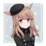  1girl animal_ears bangs black_headwear black_jacket blue_eyes breasts brown_hair cabbie_hat cat_ears closed_mouth eyebrows_visible_through_hair final_fantasy final_fantasy_xiv grey_background hat jacket kinatsu_ship long_hair looking_at_viewer miqo&#039;te small_breasts smile solo tilted_headwear two-tone_background upper_body white_background 