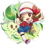  1girl ;d blue_overalls blush bow brown_eyes brown_hair cabbie_hat chibi chikorita commentary_request eyelashes hat hat_bow highres index_finger_raised leaves_in_wind long_hair lyra_(pokemon) one_eye_closed open_mouth peron_(niki2ki884) pokegear pokemon pokemon_(creature) pokemon_(game) pokemon_hgss red_bow red_footwear red_shirt shirt shoes smile thigh-highs tongue twintails white_headwear white_legwear yellow_bag 
