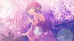  1girl :d aerial_fireworks ahoge back_bow bangs blush bow brown_eyes brown_hair commentary_request dutch_angle eyebrows_visible_through_hair fireworks floral_print from_behind hand_fan hand_up highres ikari_(aor3507) japanese_clothes kimono looking_at_viewer looking_back night open_mouth original outdoors paper_fan pink_kimono pointing print_kimono purple_bow railing sidelocks smile solo twitter_username uchiwa 