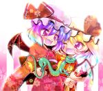  2girls :d alternate_costume bangs bat_wings blonde_hair commentary_request controller cowboy_shot crystal dragon eastern_dragon eyebrows_visible_through_hair fang flandre_scarlet floral_print hair_between_eyes hat hat_ribbon highres japanese_clothes kimono looking_at_another mob_cap multiple_girls one_eye_closed one_side_up open_mouth purple_hair red_eyes red_kimono red_ribbon remilia_scarlet remote_control ribbon short_hair siblings sisters smile tanono touhou wings yukata 