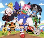  2boys 3girls 4others amy_rose bendedede bird black_dress black_eyes black_sclera blue_fur blue_sky classic_amy_rose clouds colored_sclera dr._eggman dress flicky_(character) flower flying furry furry_female furry_male giganto_(sonic_frontiers) glasses gloves grass hedgehog hedgehog_ears highres koco_(sonic) metal_sonic multiple_boys multiple_girls multiple_others open_mouth orange_skirt palm_tree pink_fur pleated_skirt rainbow red_eyes red_footwear red_shirt robot running sage_(sonic) shirt shoes skirt sky smile sneakers socks sonic_(series) sonic_cd sonic_frontiers sonic_superstars sonic_the_hedgehog sonic_the_hedgehog_(classic) sonic_the_hedgehog_1 sun sunflower super_sonic tree trip_(sonic) v white_gloves white_hair white_socks 