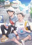  2boys akaashi_keiji antweiyi artist_name backpack bag baseball_cap black_hair black_pants blue_eyes blue_pants bokuto_koutarou bottle can closed_eyes closed_mouth clouds day gradient_hair haikyuu!! hat holding holding_bottle holding_can hood hood_down hoodie male_focus multicolored_hair multiple_boys on_floor open_mouth outdoors pants pants_rolled_up school_bag shirt shoes short_hair sitting sky smile soda_can teeth two-tone_hair watch watch white_hair white_shirt wristband 