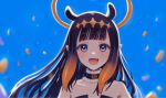  1girl :d animal_ears bangs bare_shoulders blue_sky blunt_bangs blush commentary day detached_collar eyebrows_visible_through_hair eyelashes fang fur-trimmed_collar gradient_hair halo headpiece hololive hololive_english long_hair looking_at_viewer mole mole_under_eye multicolored_hair ninomae_ina&#039;nis open_mouth orange_hair outdoors petals pointy_ears portrait purple_hair sinap_(12000klb) sky smile solo symbol-only_commentary tentacle_hair two-tone_hair violet_eyes virtual_youtuber wind 