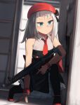  1girl beret black_legwear blue_eyes breasts closed_mouth dress eyebrows_visible_through_hair girls_frontline gun h&amp;k_mp5 hat highres hinami047 holding holding_weapon long_hair looking_away mp5_(girls&#039;_frontline) necktie pantyhose red_footwear red_headwear red_neckwear shoes silver_hair small_breasts solo submachine_gun weapon 