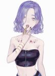 1girl bare_shoulders black_nails breasts ear_piercing earrings flower flower_tattoo hand_up jewelry looking_at_viewer medium_breasts midriff nashiko_(nanaju_ko) navel open_mouth original piercing purple_hair red_flower ring short_hair simple_background solo strapless tattoo tube_top upper_body white_background white_eyes zipper 