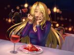  1boy 2girls alcohol blonde_hair blurry bracelet brown_hair chasing closed_eyes cup death depth_of_field dress drinking_glass eating evening_gown fleeing fork highres jewelry knife long_hair metroid metroid_fusion multiple_girls necklace plate purple_dress restaurant samus_aran smile stup-jam table tablecloth wine wine_glass x_parasite 